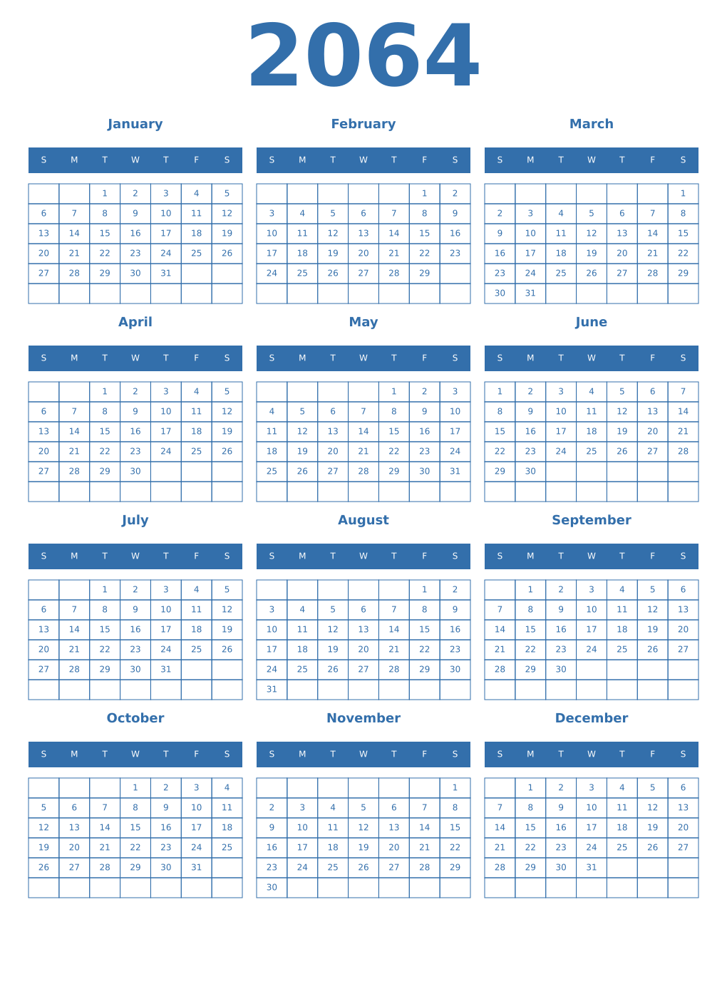 Printable 2064 Year Calendars blue