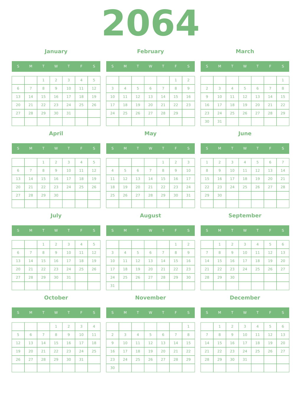 Printable 2064 Year Calendars celadon