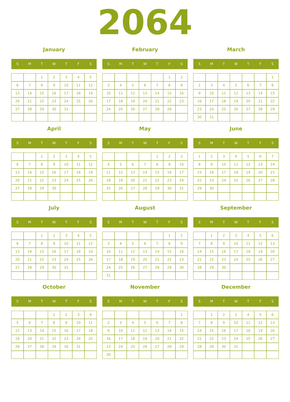 Printable 2064 Year Calendars chartreuse