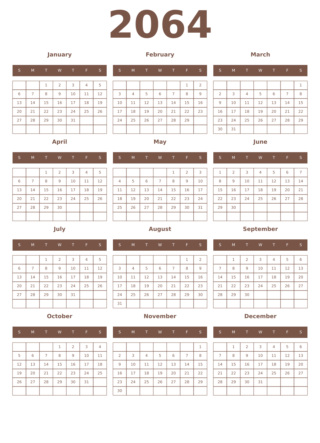 Printable 2064 Year Calendars coffe