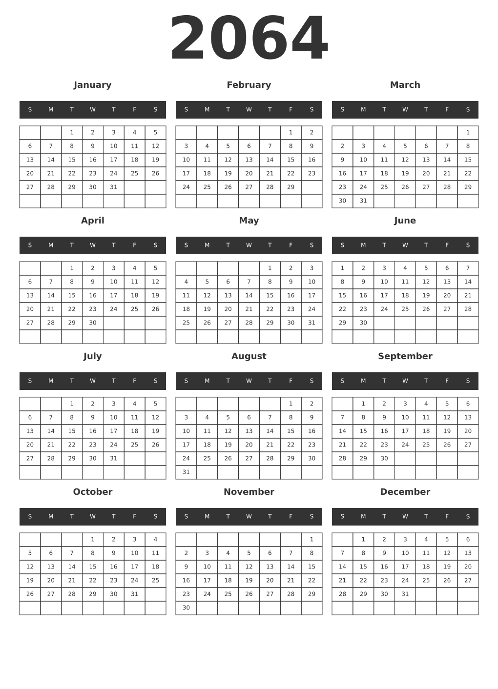 Printable 2064 Year Calendars dark