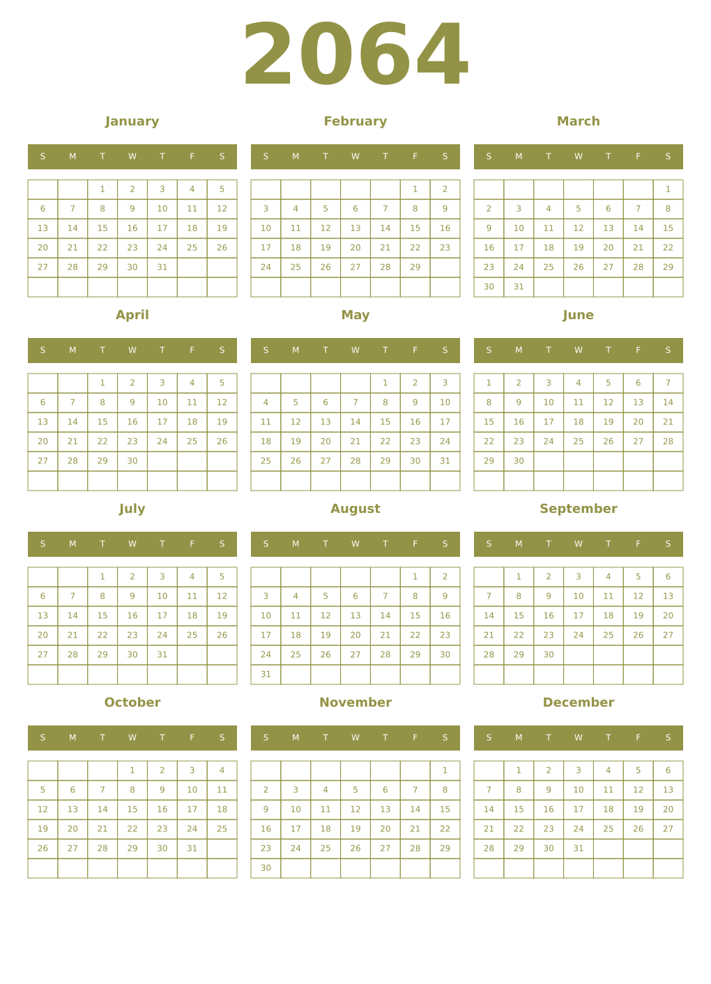 Printable 2064 Year Calendars eburnean