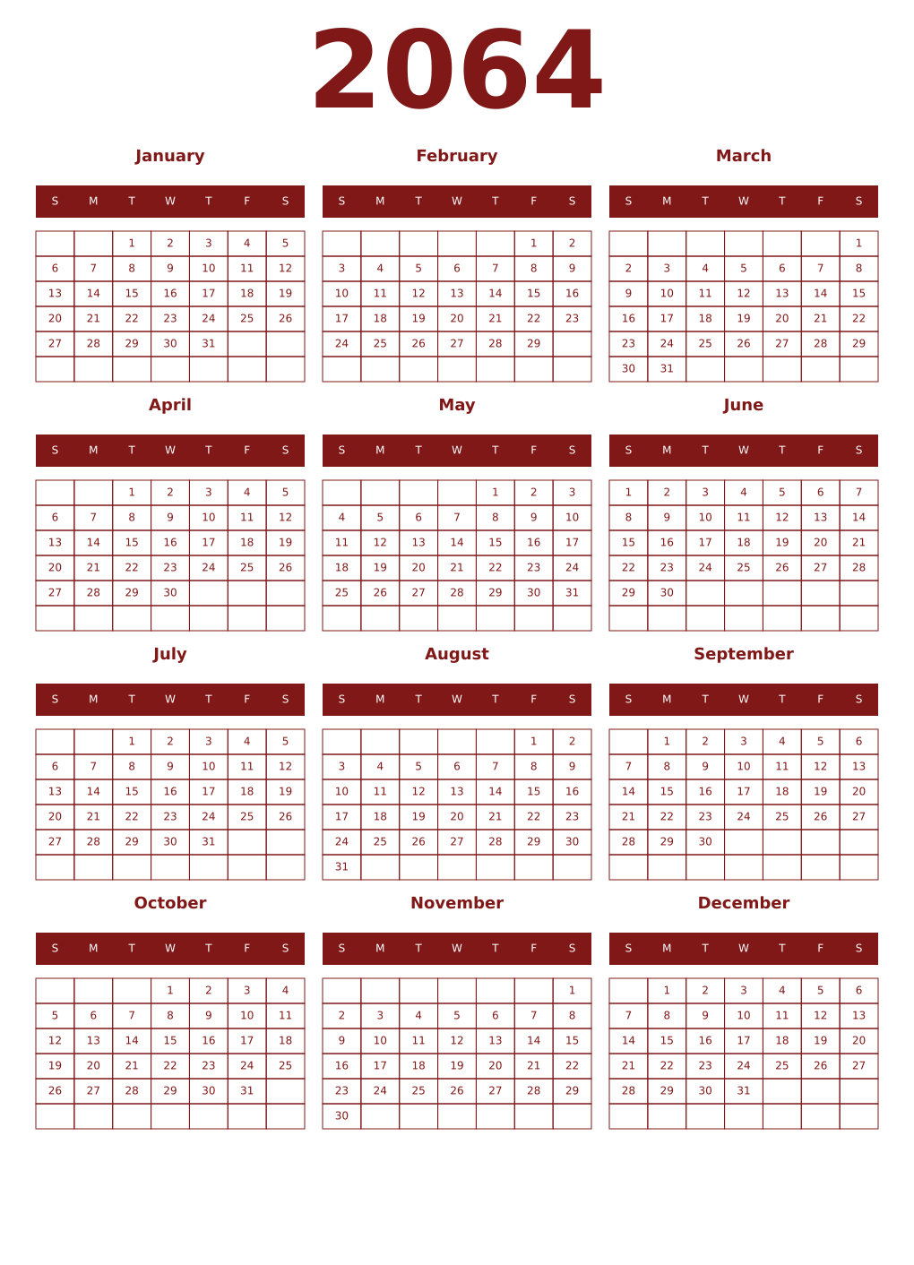 Printable 2064 Year Calendars falu