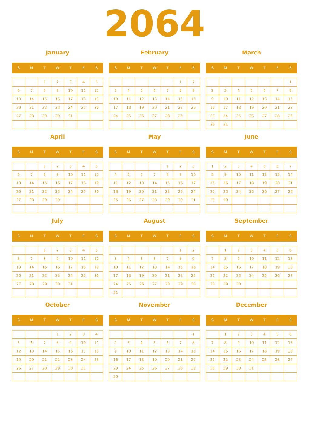 Printable 2064 Year Calendars gamboge