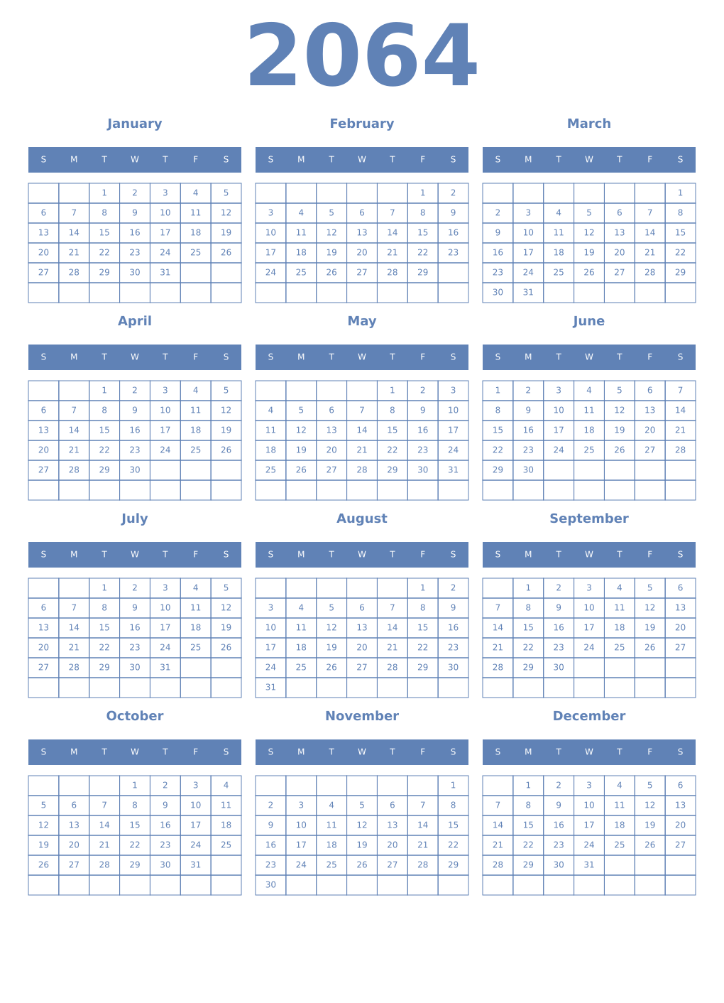 Printable 2064 Year Calendars glaucous