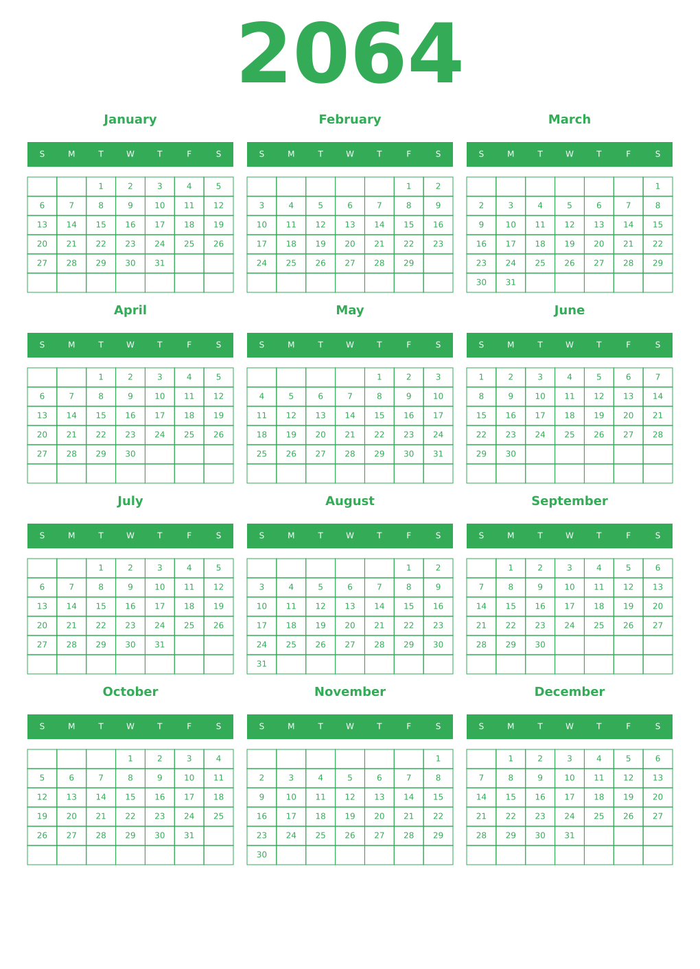 Printable 2064 Year Calendars green