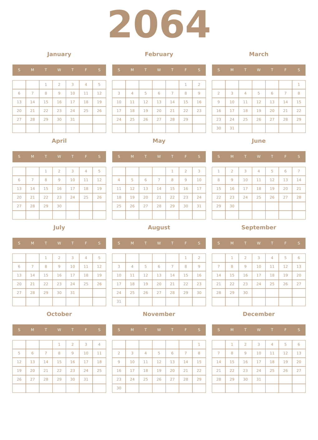 Printable 2064 Year Calendars isabelline