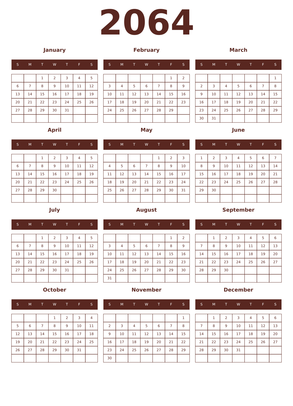 Printable 2064 Year Calendars mortuum