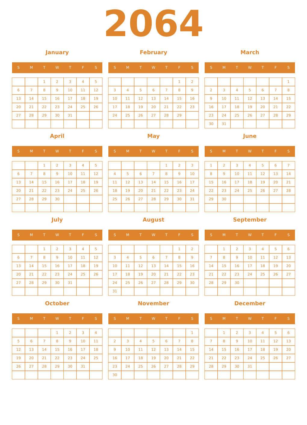 Printable 2064 Year Calendars orange