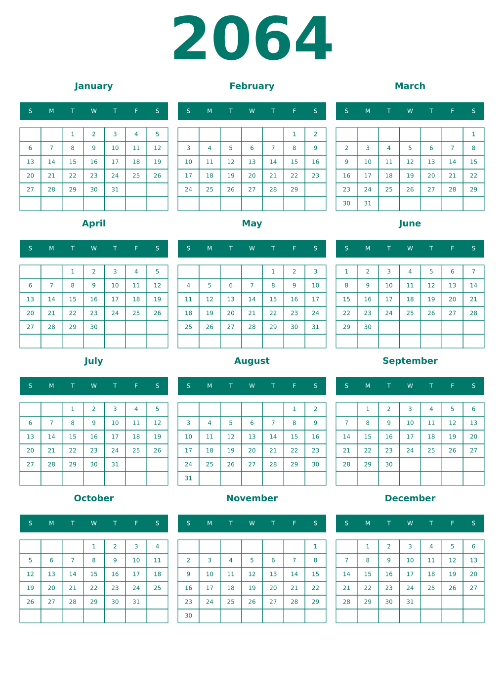 Printable 2064 Year Calendars pastel