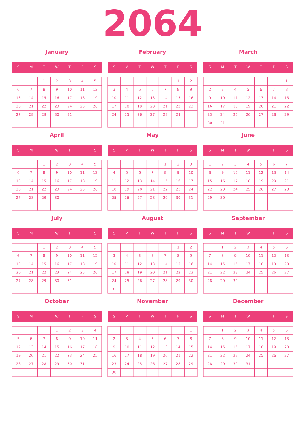 Printable 2064 Year Calendars pink