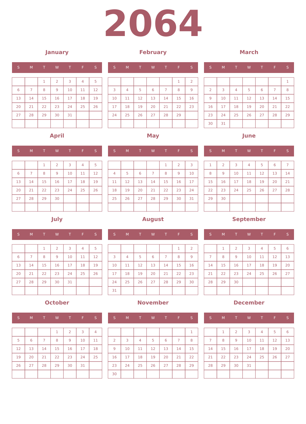 Printable 2064 Year Calendars puce