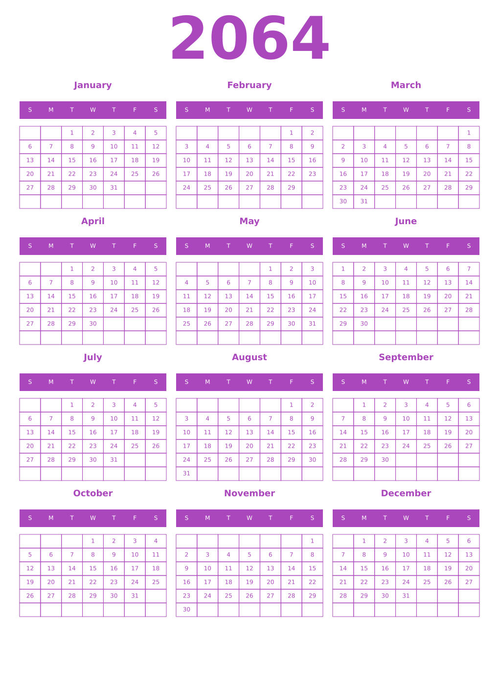 Printable 2064 Year Calendars purple