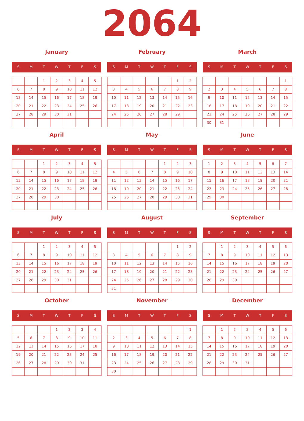 Printable 2064 Year Calendars red