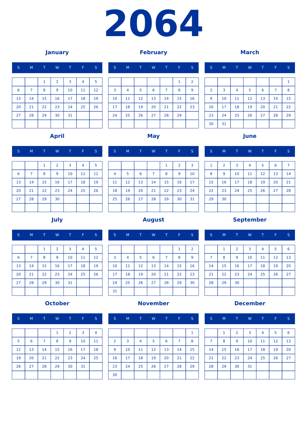 Printable 2064 Year Calendars smalt