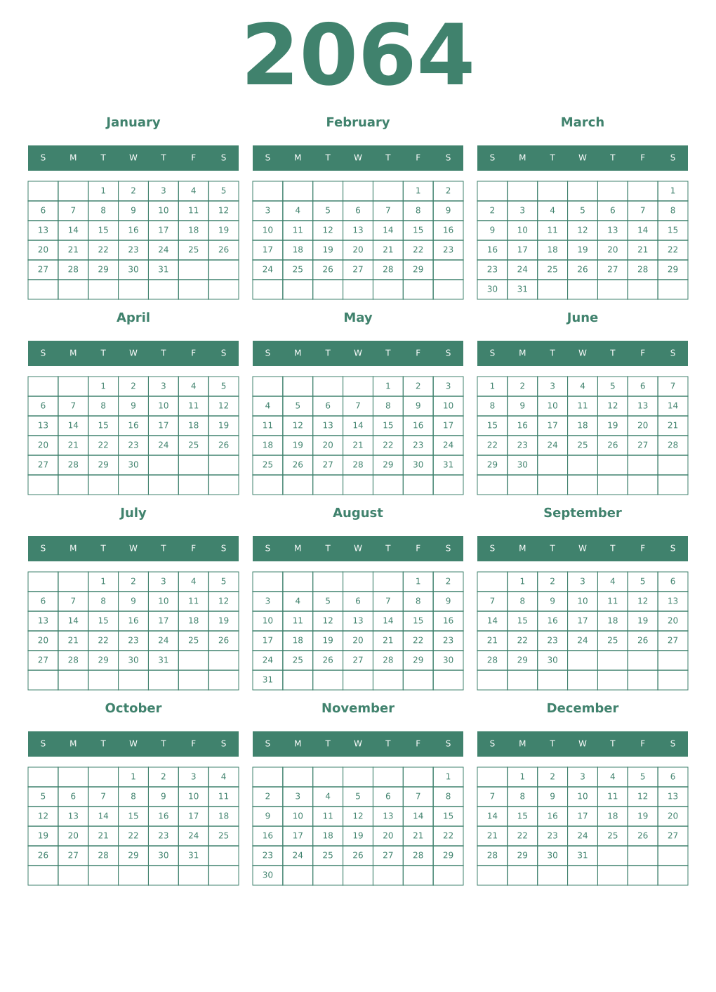Printable 2064 Year Calendars viridian