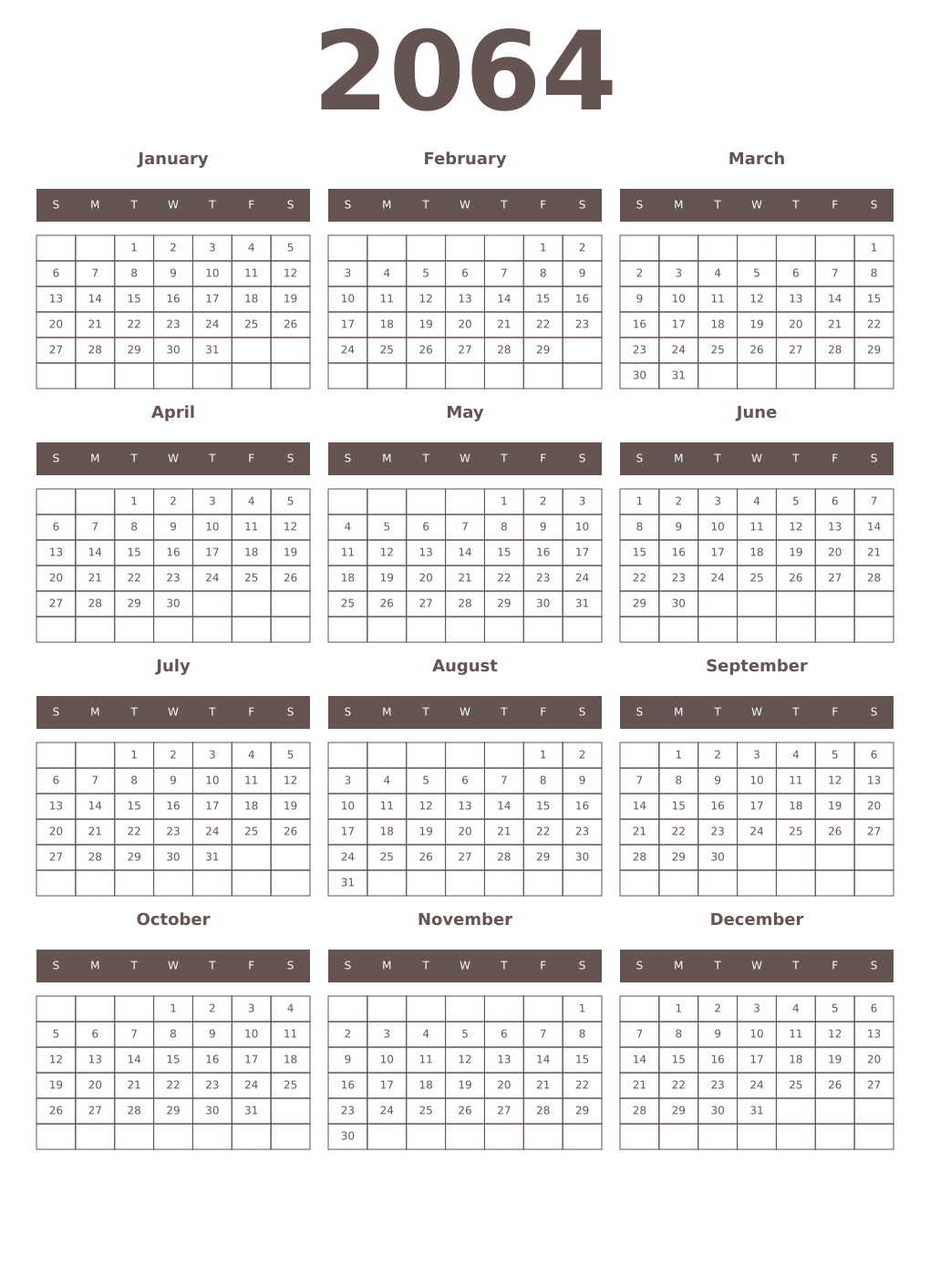 Printable 2064 Year Calendars wenge