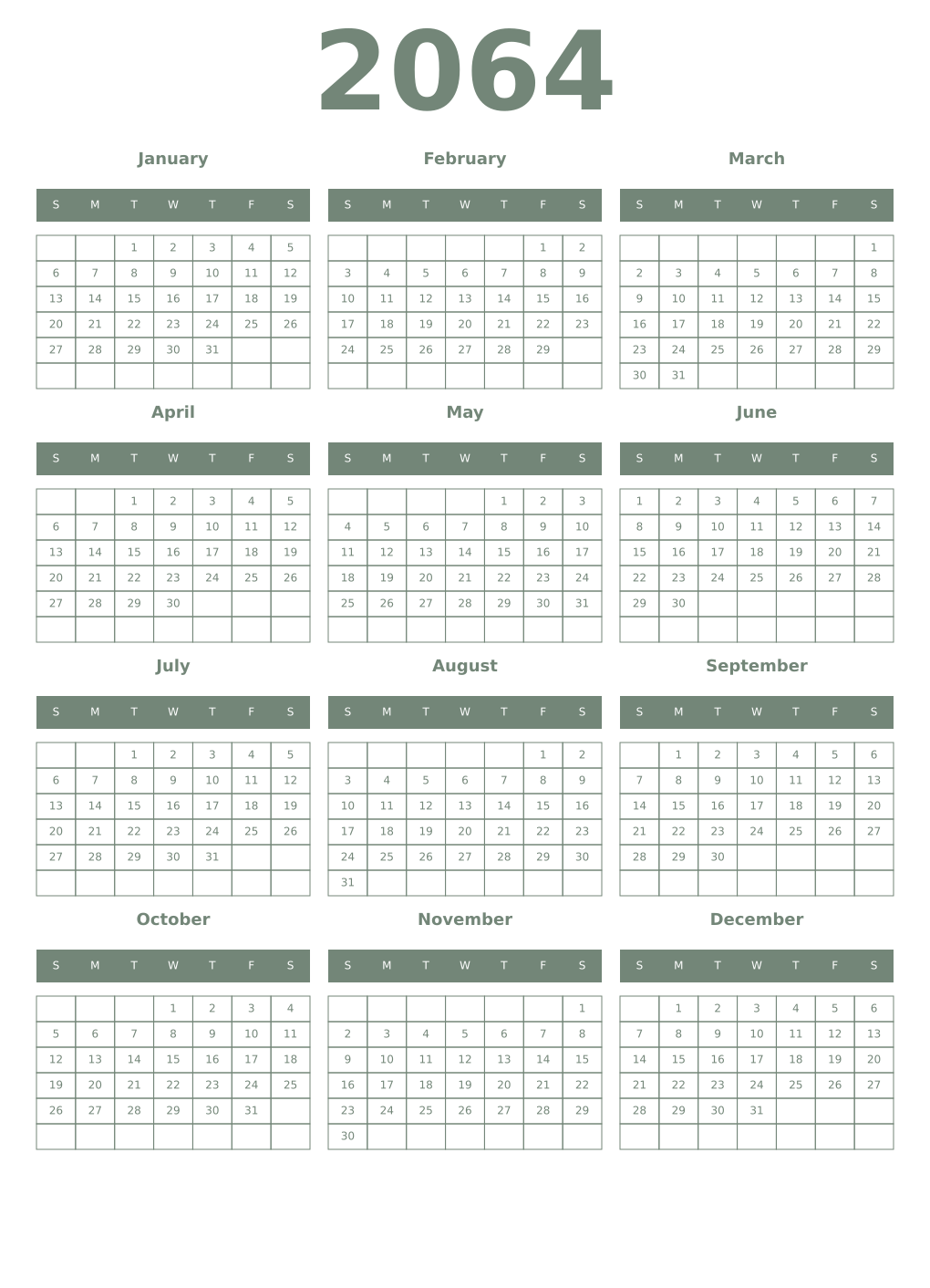 Printable 2064 Year Calendars xanadu