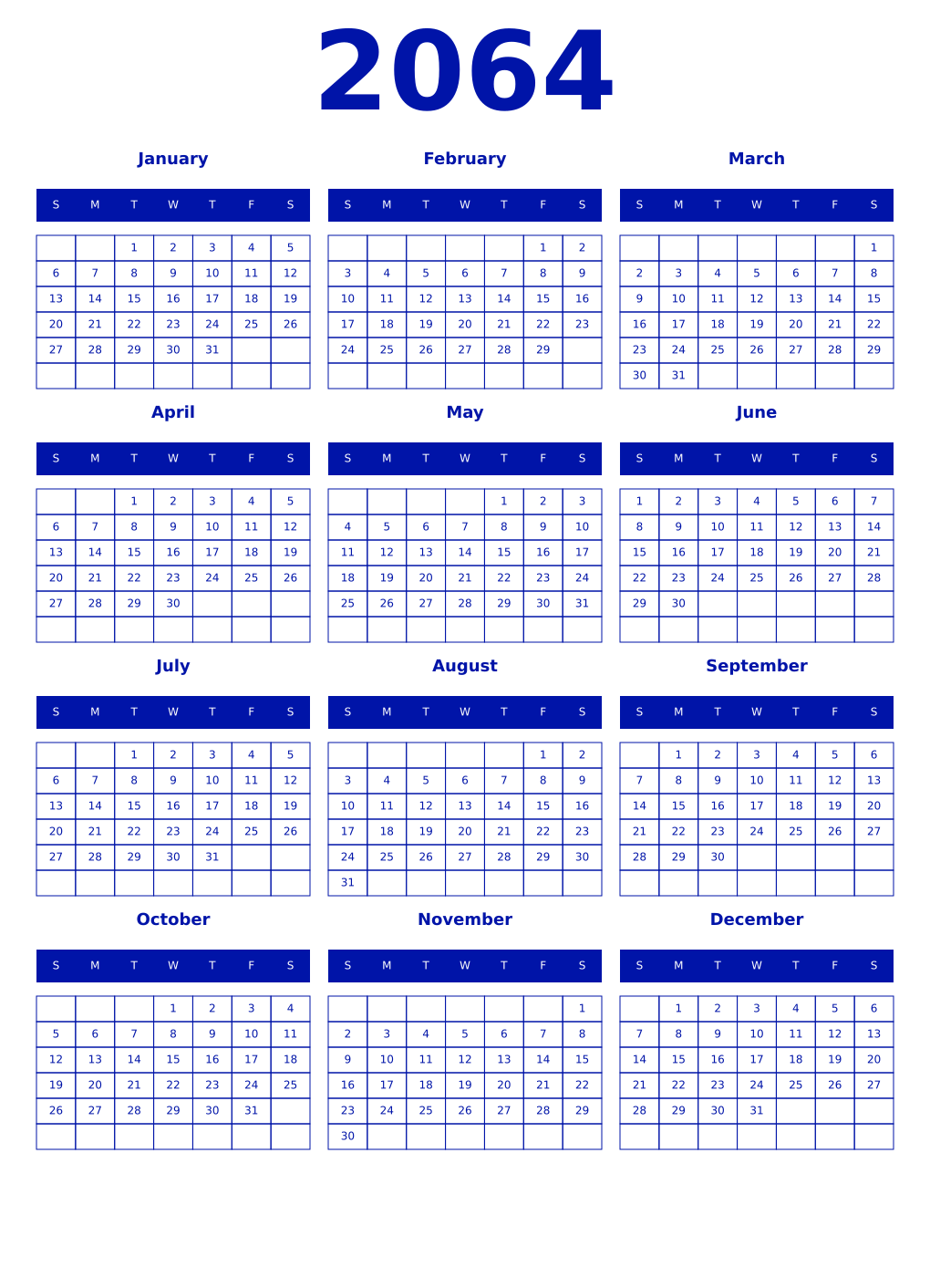 Printable 2064 Year Calendars zaffre