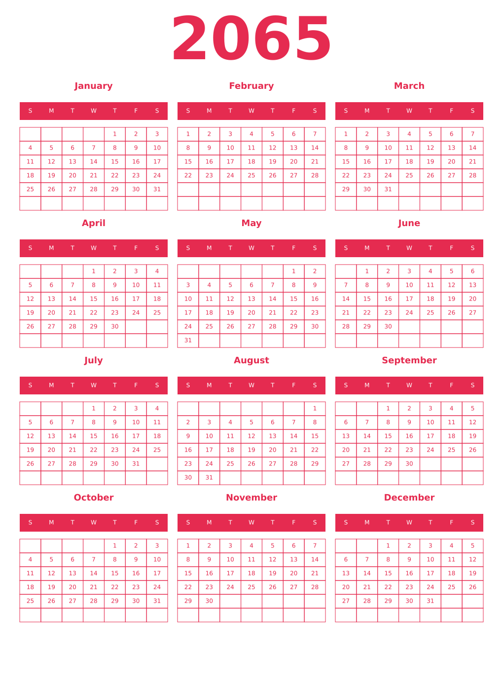 Printable 2065 Year Calendars amaranth