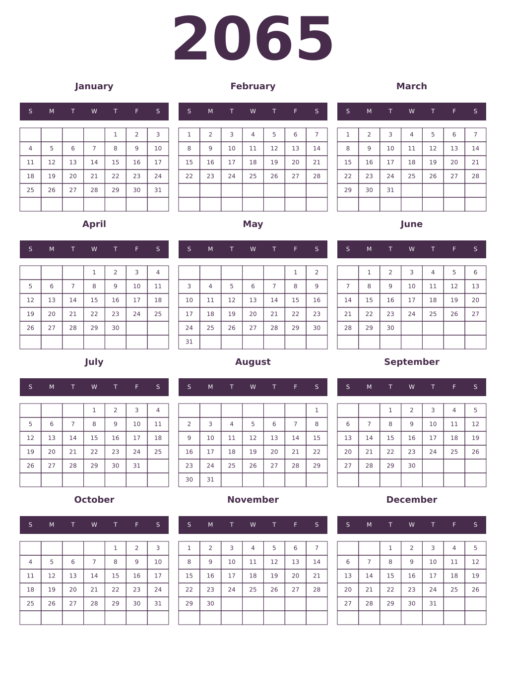 Printable 2065 Year Calendars aubergine