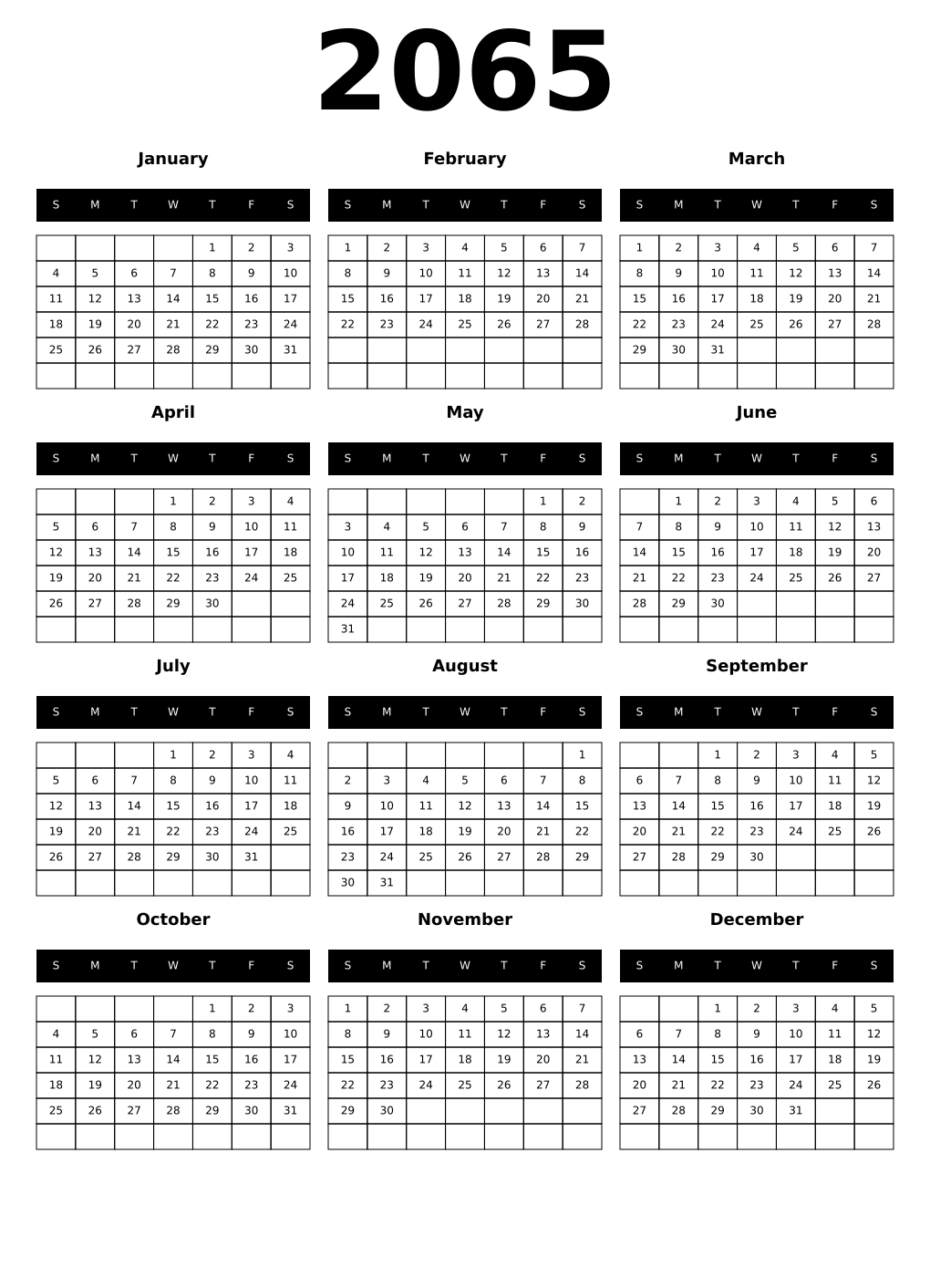 Printable 2065 Year Calendars black