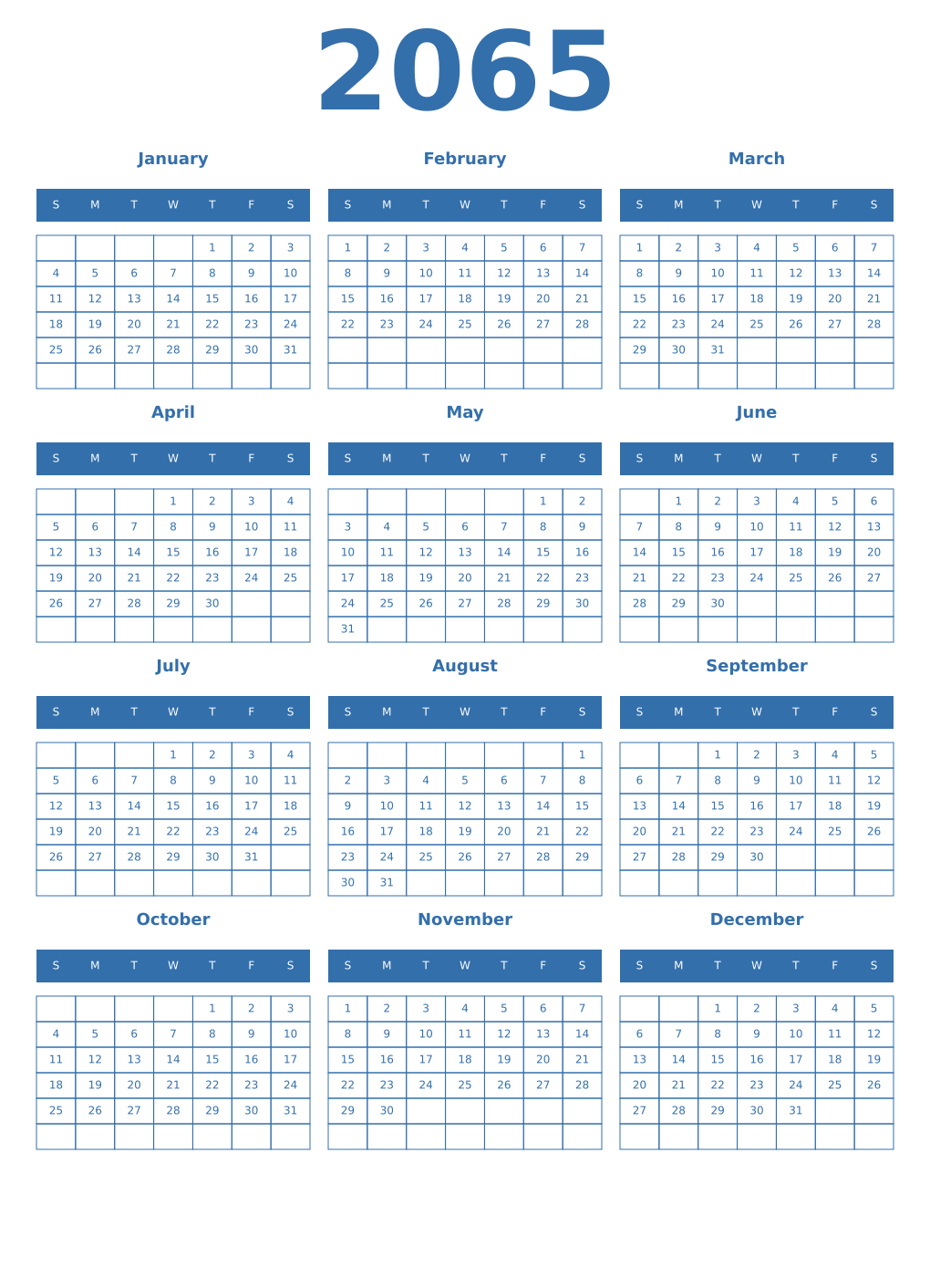 Printable 2065 Year Calendars blue