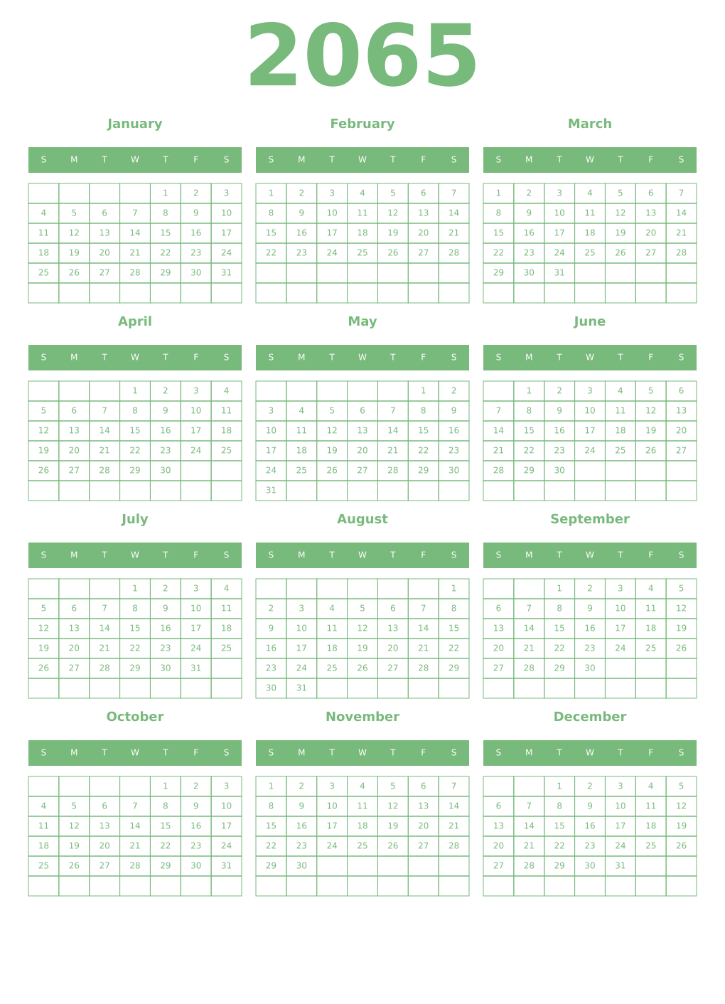 Printable 2065 Year Calendars celadon