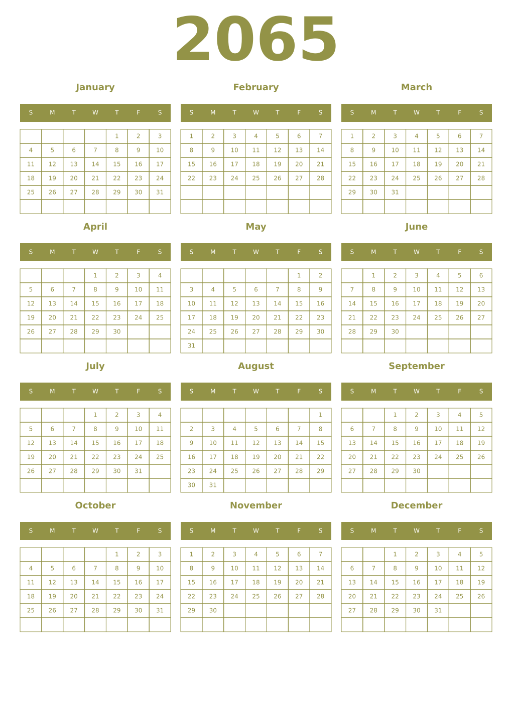 Printable 2065 Year Calendars eburnean