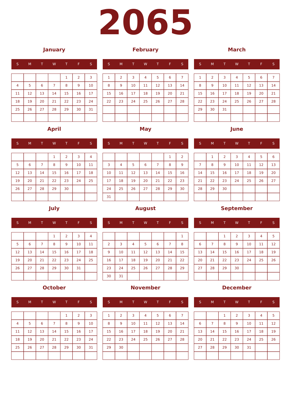 Printable 2065 Year Calendars falu