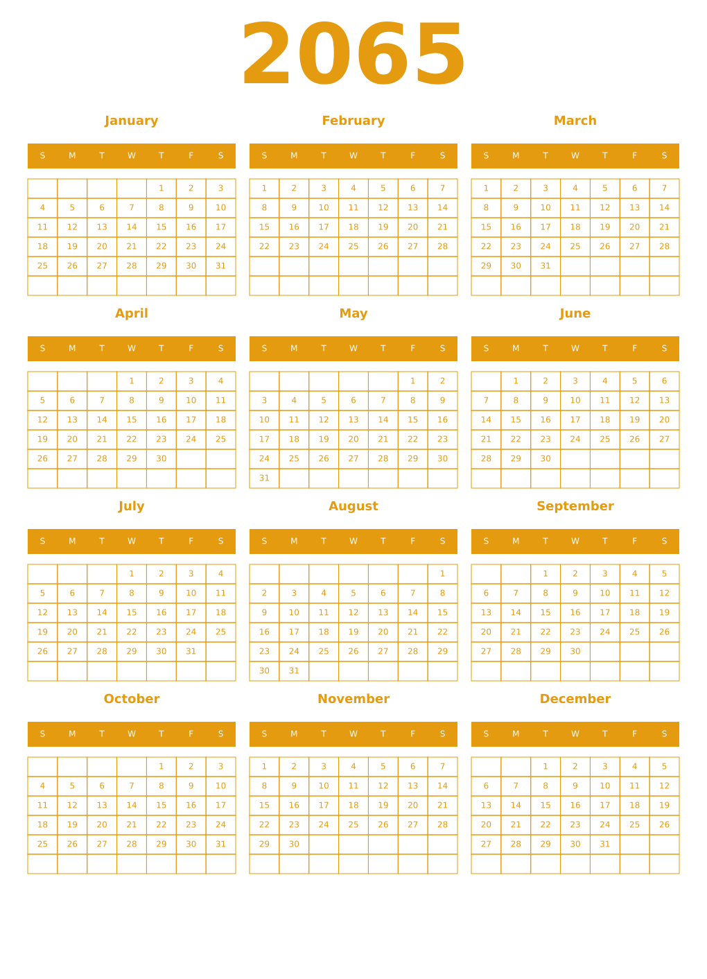 Printable 2065 Year Calendars gamboge