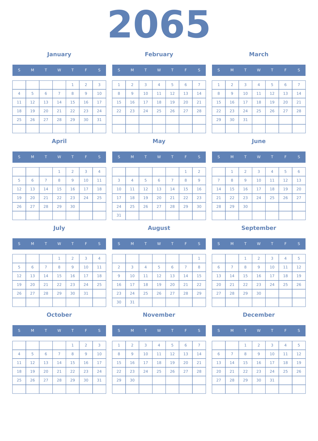 Printable 2065 Year Calendars glaucous