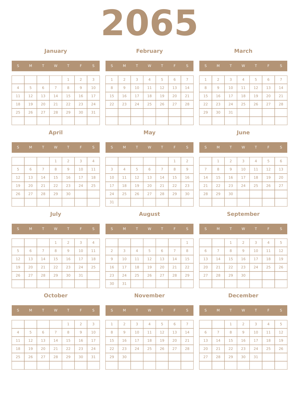 Printable 2065 Year Calendars isabelline