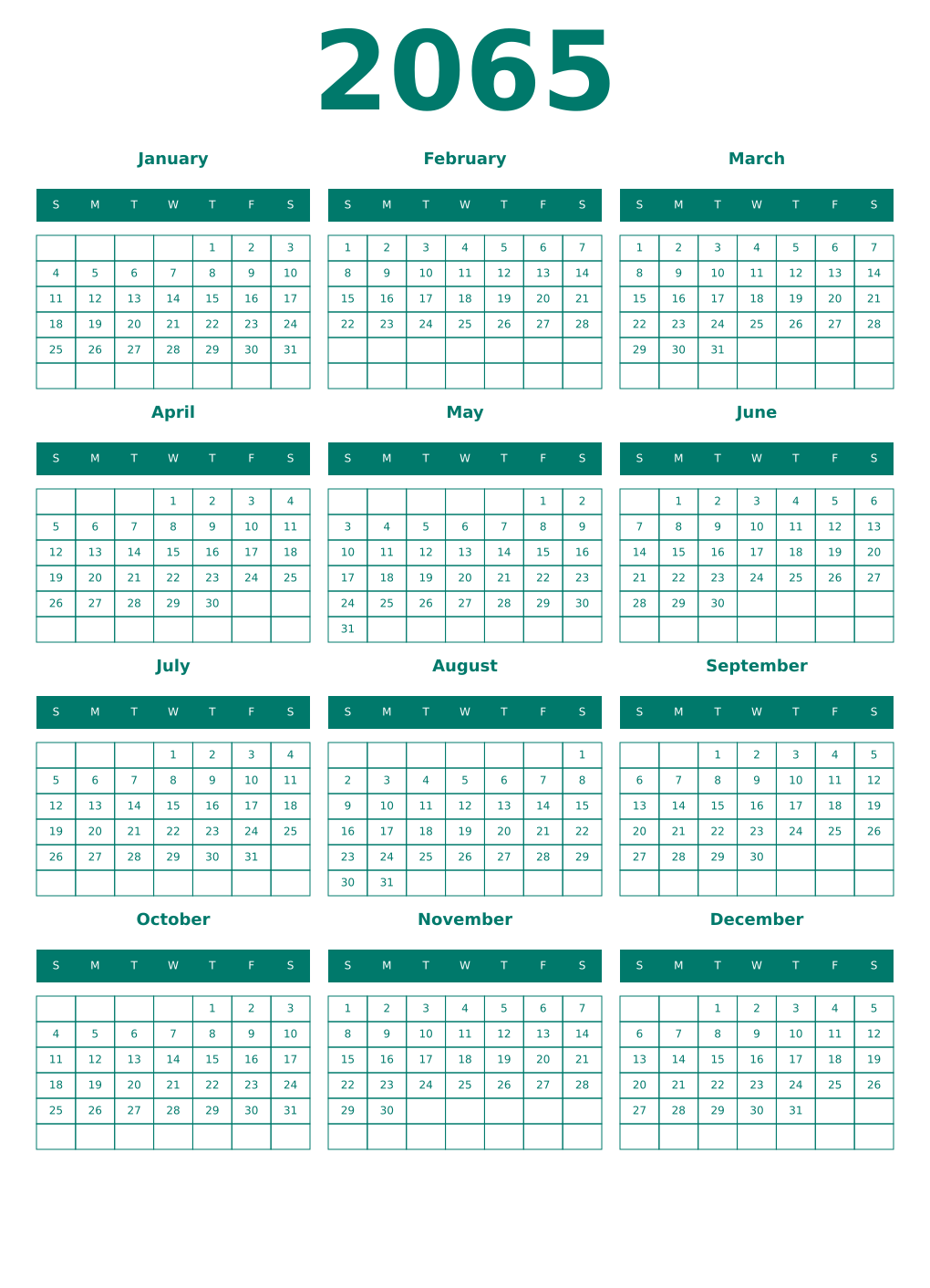 Printable 2065 Year Calendars pastel