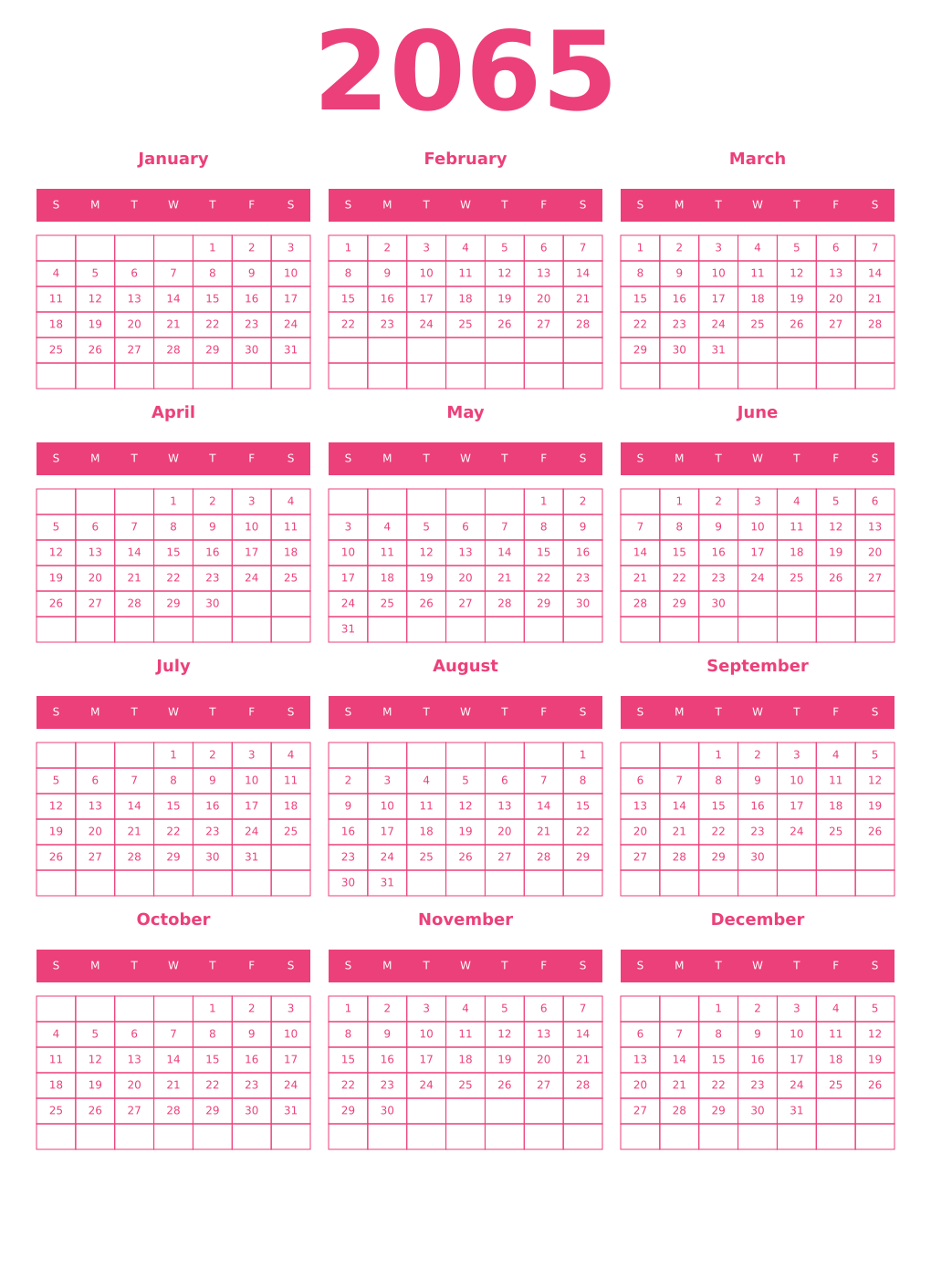 Printable 2065 Year Calendars pink