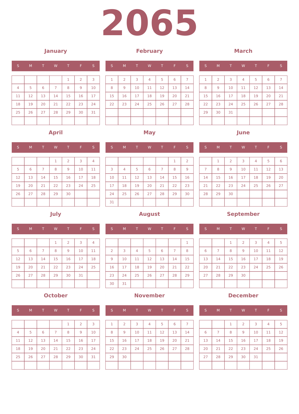 Printable 2065 Year Calendars puce
