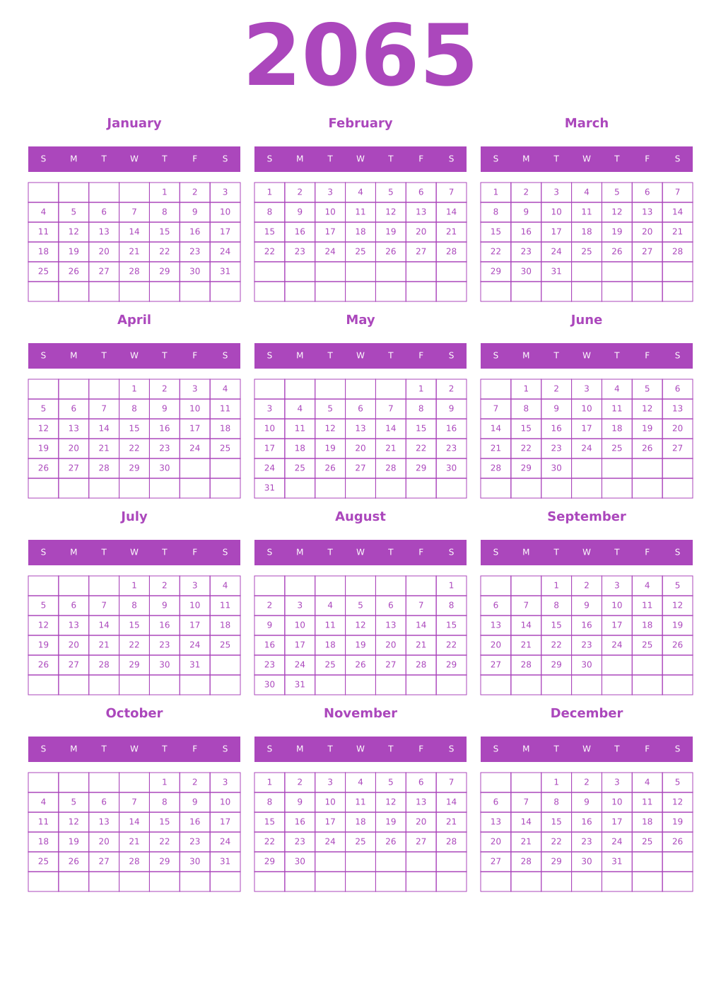 Printable 2065 Year Calendars purple