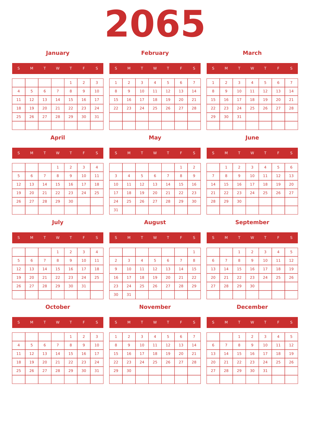 Printable 2065 Year Calendars red