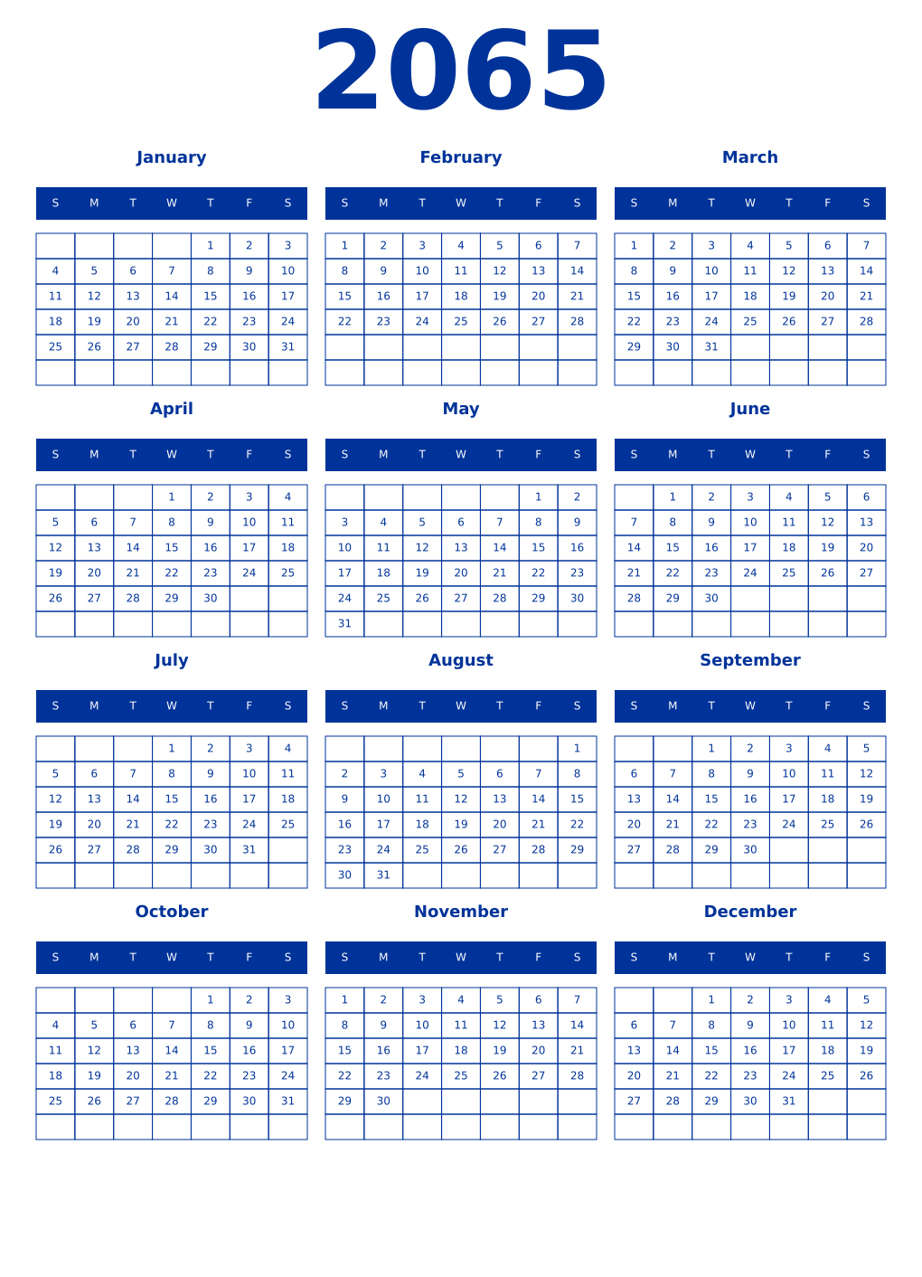 Printable 2065 Year Calendars smalt