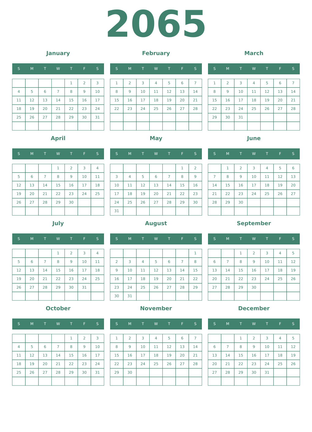 Printable 2065 Year Calendars viridian