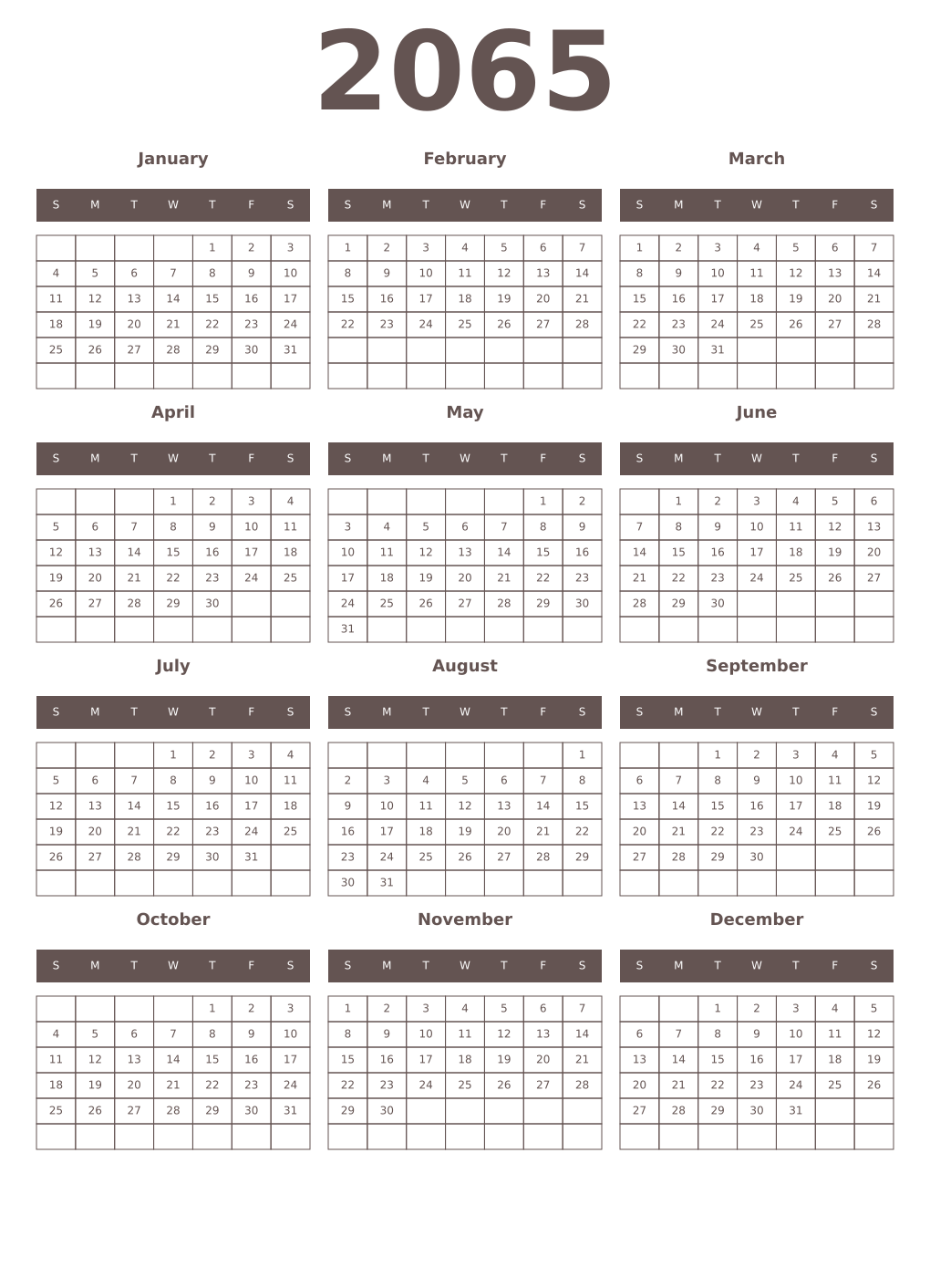 Printable 2065 Year Calendars wenge