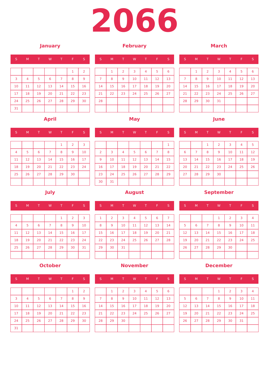 Printable 2066 Year Calendars amaranth
