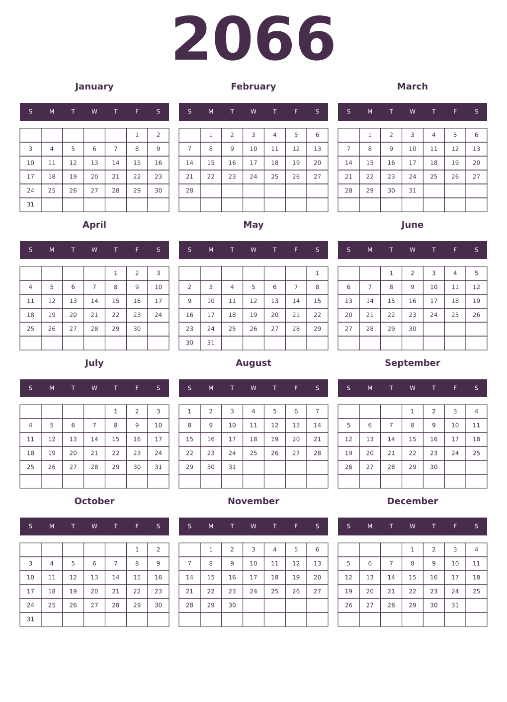 Printable 2066 Year Calendars aubergine