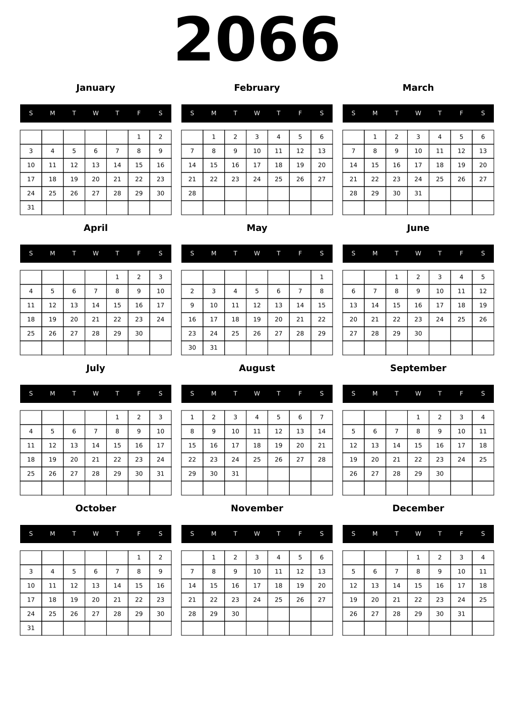 Printable 2066 Year Calendars black