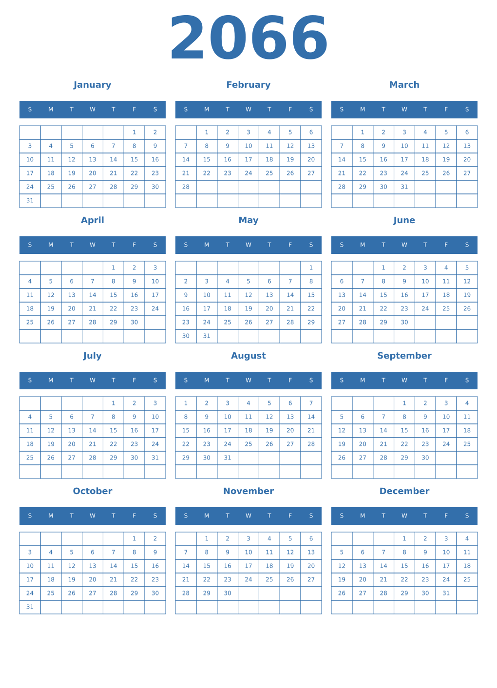 Printable 2066 Year Calendars blue