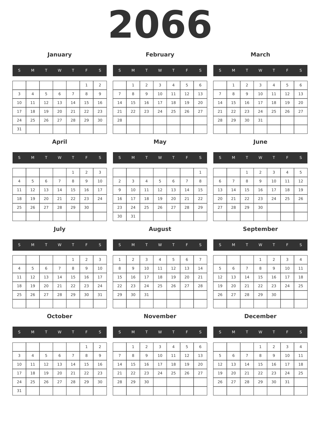 Printable 2066 Year Calendars dark