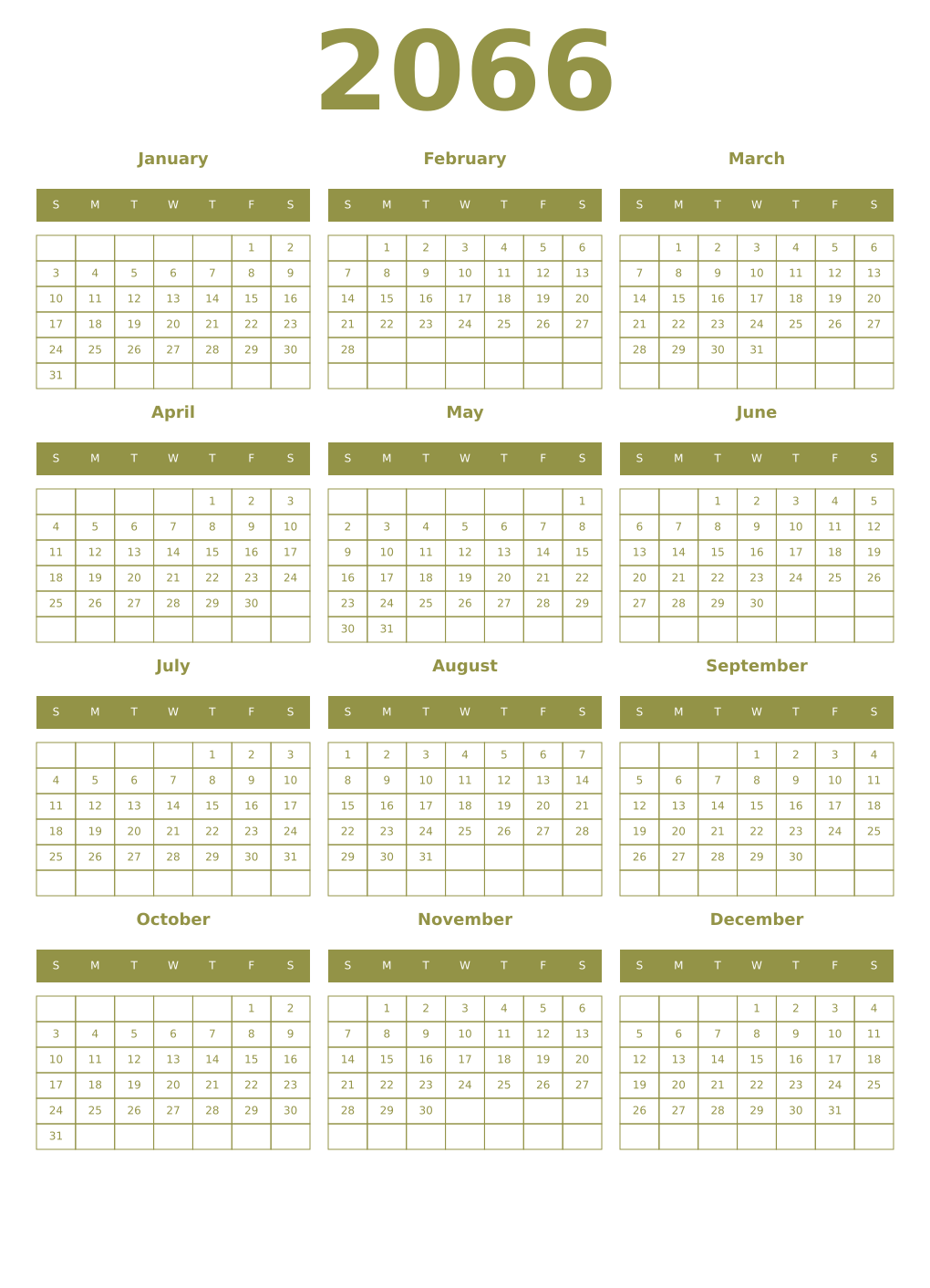 Printable 2066 Year Calendars eburnean