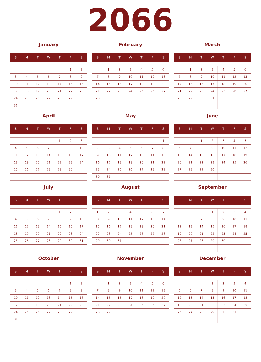 Printable 2066 Year Calendars falu