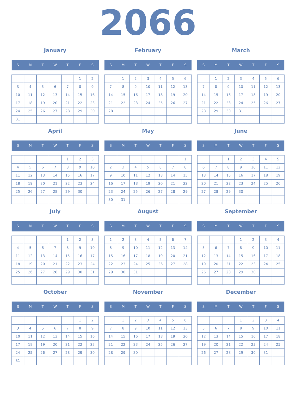 Printable 2066 Year Calendars glaucous