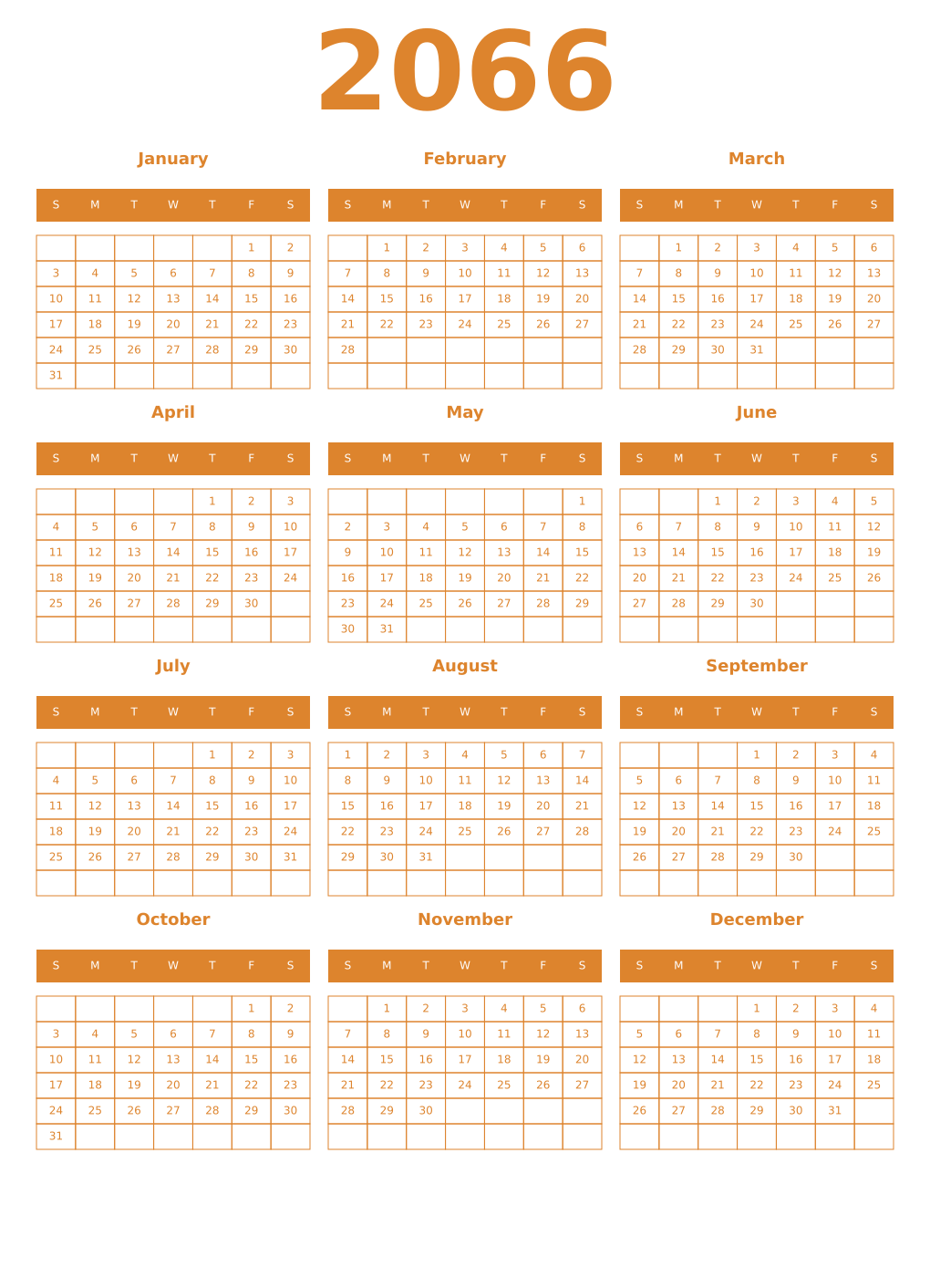 Printable 2066 Year Calendars orange